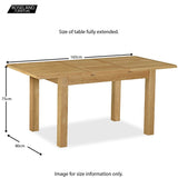 An extended wooden dining table labeled "ROSELAND FURNITURE" with dimensions: 165cm length, 80cm width, and 75cm height. Text states, "Size of table fully extended." and "Image for size information only."