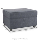 A gray upholstered storage ottoman sits idle against a white background, with dimensions labeled: 44cm high, 51cm deep, 64cm wide. Text reads "Image for size information only."