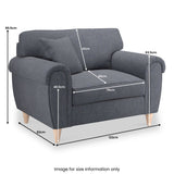 A grey two-seater sofa with dimensions marked: Total width 122cm, seat width 70cm, seat depth 48cm, seat height 48.5cm, backrest height 41cm, armrest height 63.5cm, overall height 89.5cm. Text states, "Image for size information only."