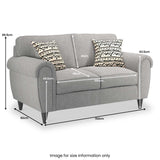 A grey two-seater sofa with patterned cushions, labeled with dimensions: height 89.5cm, width 152cm, depth 82cm, seat height 48.5cm, seat depth 48cm, seat width 100cm, back height 63.5cm, and arm width 41cm. Text: "Image for size information only."