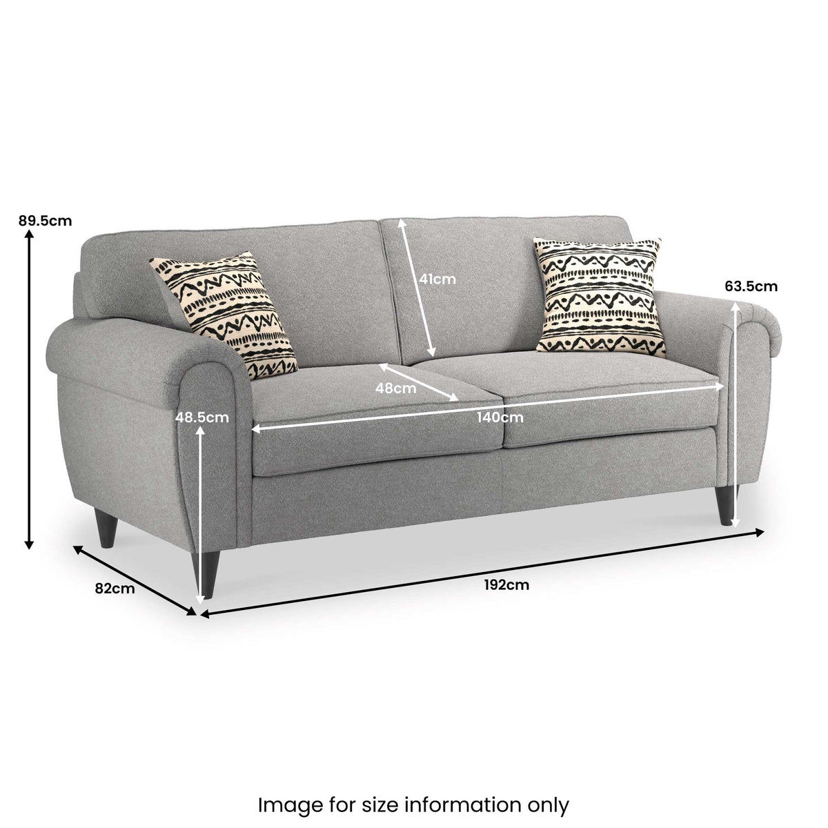 A grey three-seater sofa with two patterned cushions, annotated with dimensions against a white background. Text reads: "Image for size information only".