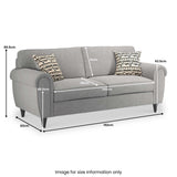 A grey three-seater sofa with two patterned cushions, annotated with dimensions against a white background. Text reads: "Image for size information only".