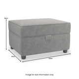 A grey upholstered storage ottoman with dimensions labeled: 44cm height, 51cm depth, 64cm width. Placed against a white background with a note "Image for size information only".