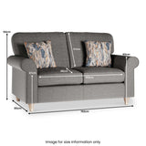 A grey two-seater sofa with dimensions labeled, including two patterned cushions. Text: "Image for size information only."