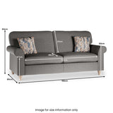 A grey sofa with one cushion, displaying various dimensions; height 84cm, seat depth 48cm, length 192cm, arm width 37cm. Text states "Image for size information only".