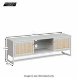 A light grey TV stand with wicker cabinet doors is displayed, featuring dimensions: 150cm in length, 52cm in height, and 36cm in depth. Text: "ROSELAND FURNITURE. Image for size information only."