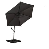 A large black patio umbrella is open, mounted on an adjustable metal pole with a square base, against a white background.