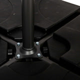 A cylindrical black metal pole is mounted to a five-armed plastic base with bolts, possibly part of an office chair. The background is white.