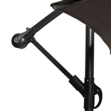 A black stroller arm with a hinge and part of a fabric canopy against a white background.