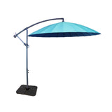 A large patio umbrella with a turquoise and navy blue canopy is poised open, mounted on an adjustable metal stand with a square base, against a white background.