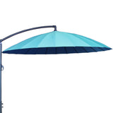 A large, blue patio umbrella, open and suspended by a curved metal pole against a clear background.