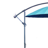 A blue outdoor umbrella is attached to a curved, adjustable metal stand against a white background.