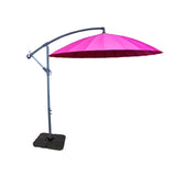 A pink outdoor umbrella mounted on an adjustable metallic stand with a heavy base, angled to provide shade, on a plain white background.