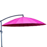 A bright pink patio umbrella opens against a white background, attached to a curved black metal stand.