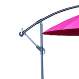 A pink umbrella attached to a curved, dark metal stand, set against a plain white background. There is no text in the image.