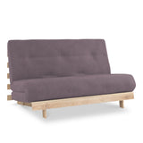 A grey futon with tufted upholstery rests in an upright position, set against a plain white background. Its frame appears to be made of light-colored wood.