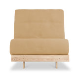 A minimalist beige upholstered chair with a tall backrest, tufted with three buttons, on a simple wooden frame, standing against a white background.