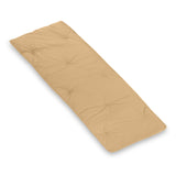 A rectangular beige bench cushion with button tufting is lying flat on a white background.