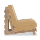 A wooden lounge chair with a beige cushion, angled for relaxed seating, against a white background.