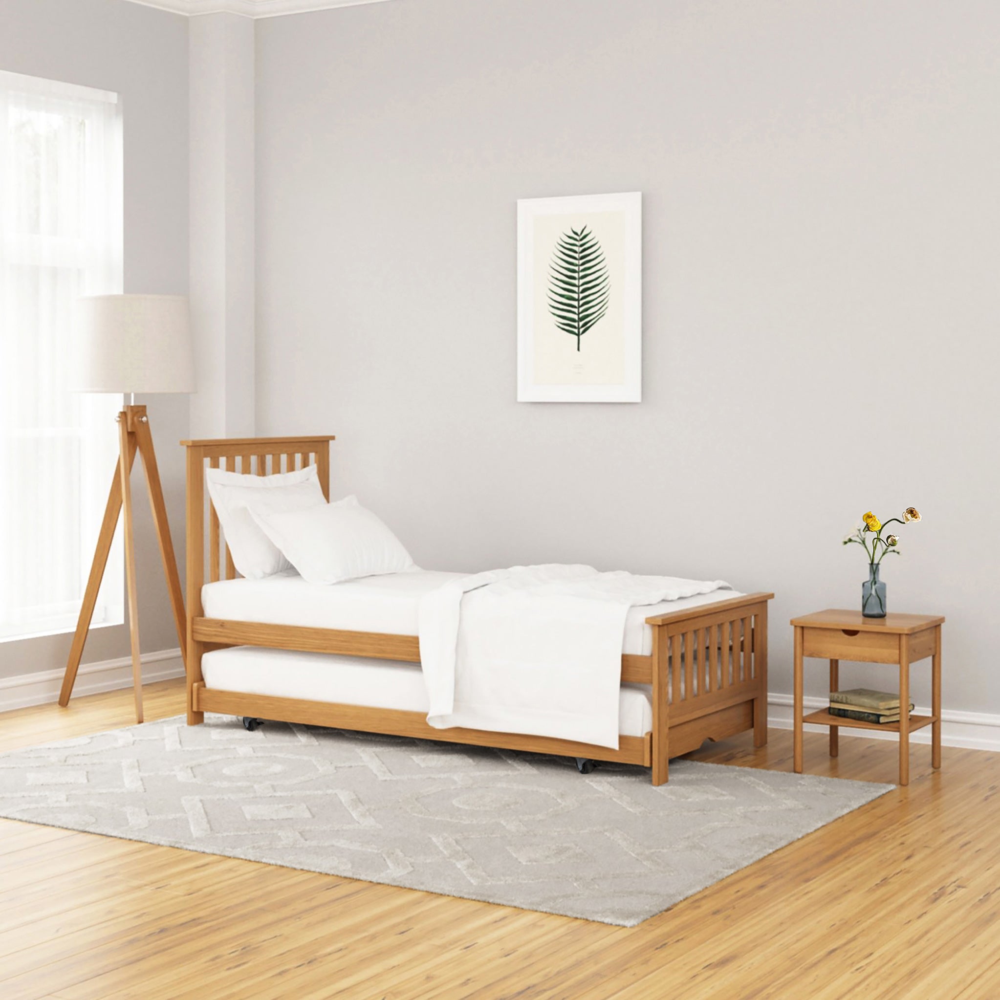 Oak trundle bed with shop drawers