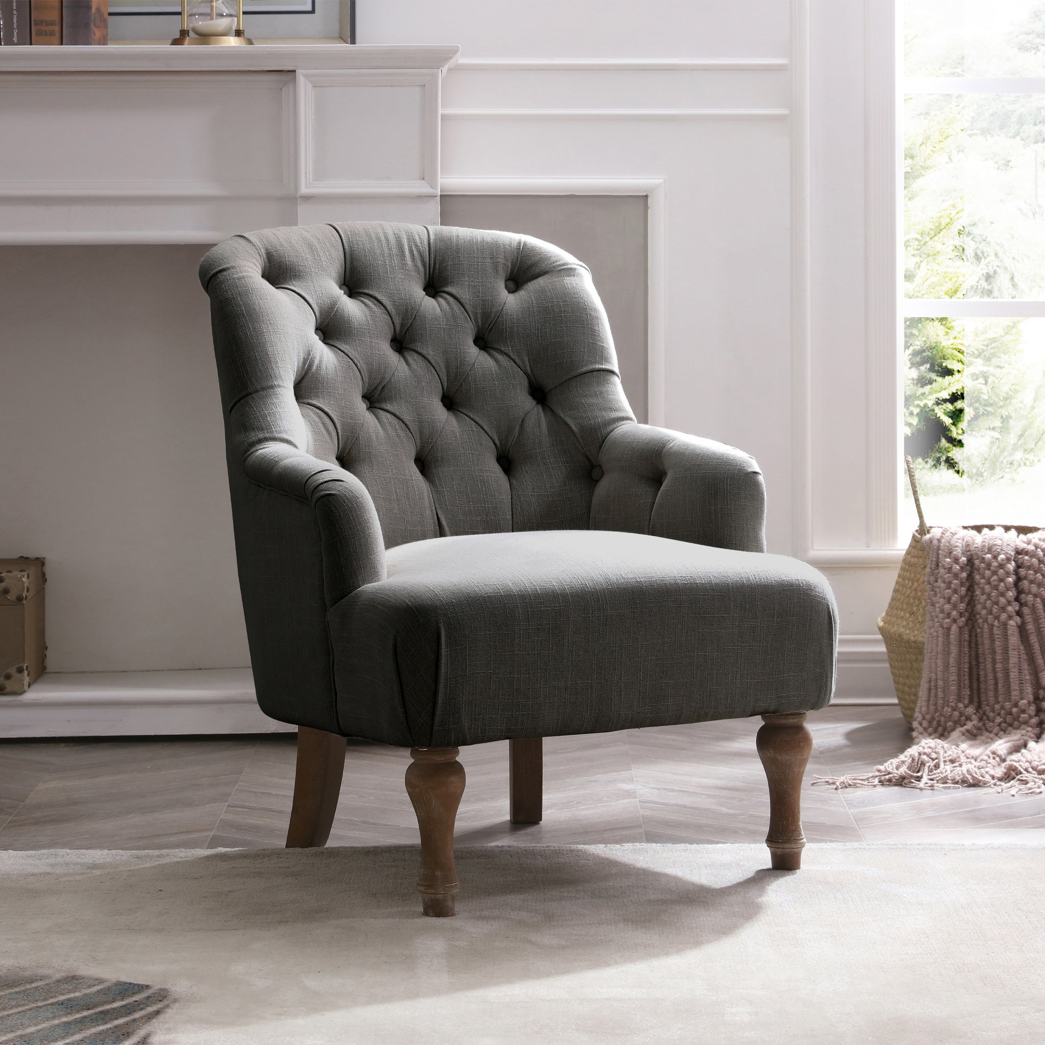 Bianca Linen Armchair Wooden Legs Grey Cream Charcoal