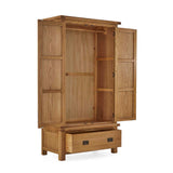 Zelah Oak Double Wardrobe with Drawer - Side view with wardrobe and drawer open