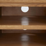 Zelah Oak 90cm TV Stand - Close up of shelves and cable accesses 