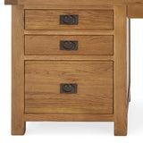 A wooden three-drawer cabinet with black metal handles, standing stationary, isolated against a white background.