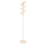 Gold floor lamp with multiple clear globes stands upright against a plain white background.