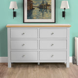 A grey six-drawer dresser stands against a teal wall, flanked by lamps, beneath a framed painting of a Venice canal scene.