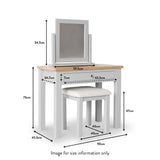 A computer monitor sits atop a wooden desk with measurements displayed. A cushioned chair is positioned in front. Text reads: "Image for size information only."