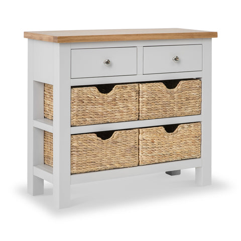 Grey console deals table with baskets