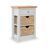 A small wooden storage cabinet with a drawer and two wicker baskets, on a plain white background.