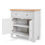 Farrow Grey Mini Sideboard - Side view with cupboard doors open