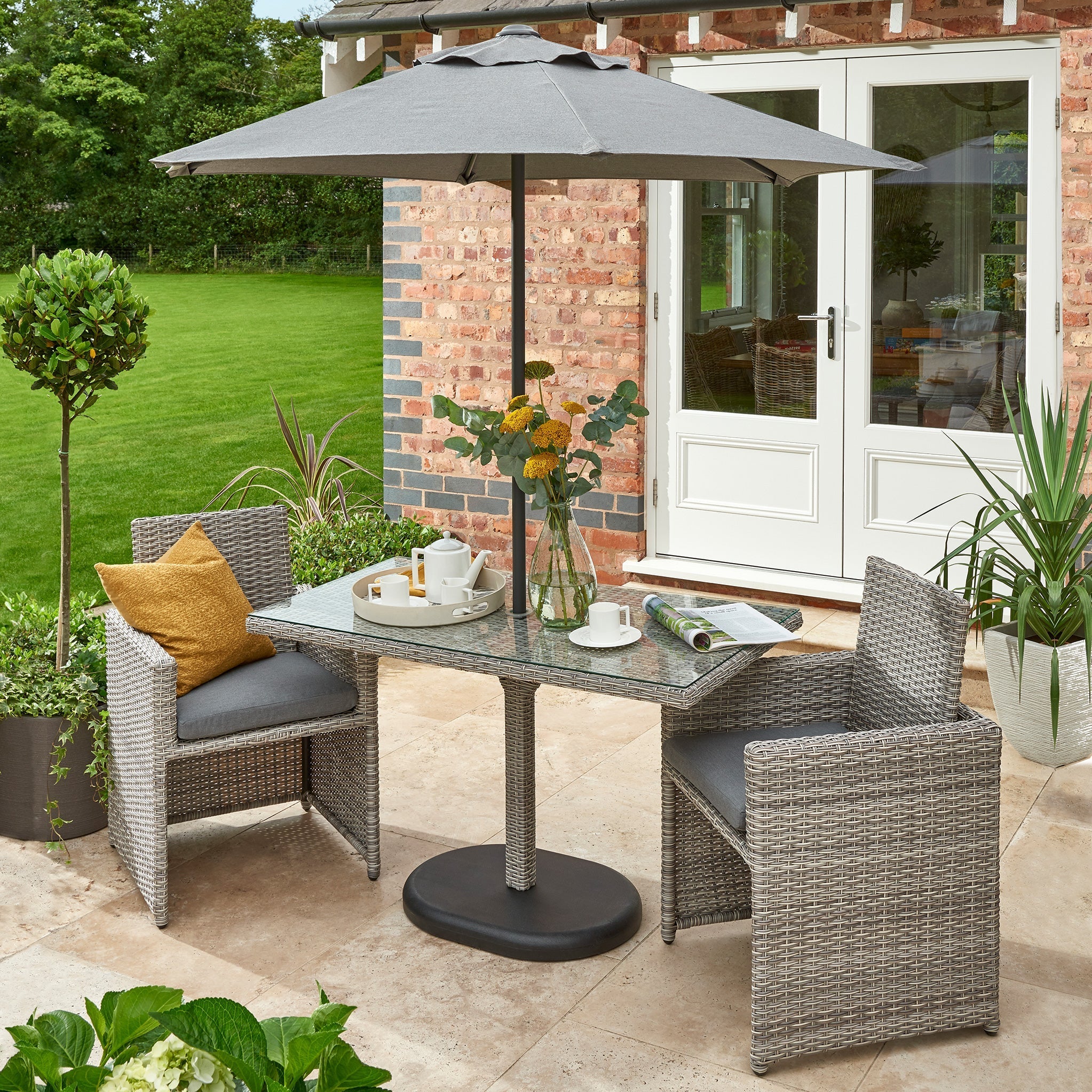 Wensum Grey Rattan Compact Cube Bistro Set inc Parasol | Roseland