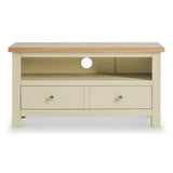 A light beige wooden TV stand features a wide open shelf, a round cut-out for cables, two drawers with silver knobs, and a contrasting natural wood top, against a white background.