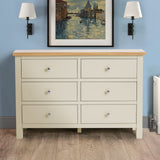 A cream-colored, six-drawer wooden dresser stands against a blue wall in a room with wood floors, flanked by wall lamps and beneath a framed painting.