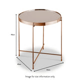 A round copper-colored side table stands isolated; it measures 45cm in height and 43cm in width. The table's dimensions are visibly annotated. Text: "Image for size information only."