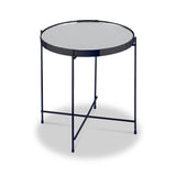 A circular table with a reflective glass top supported by a navy blue metal frame, isolated against a white background.