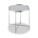 A round, silver-colored metal side table with a mirrored top, standing on slender, interconnected legs, displayed against an isolated white background.