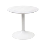 A round white marble tabletop on a single central pedestal is standing isolated against a white background.