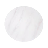 A circular object with a white marble pattern, featuring subtle gray and pinkish veins, set against a white background.