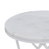 A round white marble tabletop with a partial view of its sleek metal base, isolated against a light background.