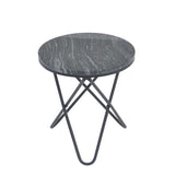 A round table with a gray, marble-patterned top stands on a crossed metallic base, isolated against a white background.