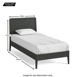 A single black bed with a white pillow and bedcover, dimensions displayed: 98cm width, 105cm height, 206cm length. Text reads "ROSELAND FURNITURE" and "Image for size information only."