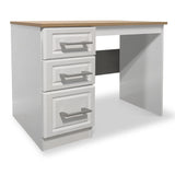 A white three-drawer pedestal desk with a wooden top, positioned against a grey gradient background.