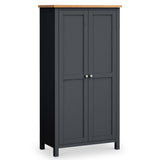 A tall, dark gray storage cabinet with double doors and silver knobs stands against a white background, featuring a contrasting light wooden top.