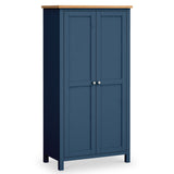 A blue wooden wardrobe with closed double doors and silver knobs, against a white background. It has a lighter wood top and stands upright.