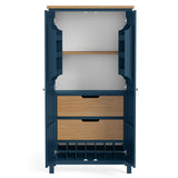 A blue, open wardrobe with one exposed shelf and two drawers, against a plain background.