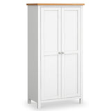 A white wooden wardrobe with a natural wood-finished top, two doors, and round knobs, standing isolated against a white background.